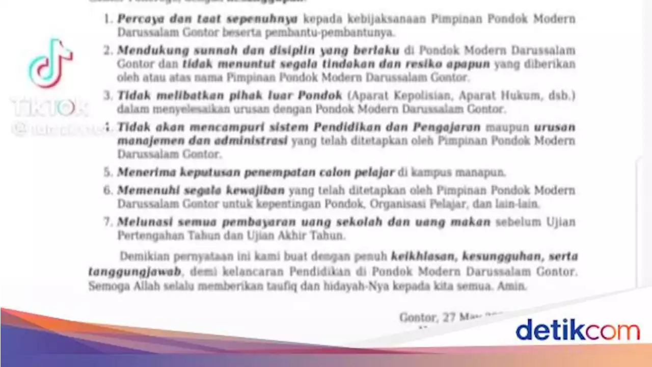 Isi Lengkap Surat Pernyataan Wali Santri Gontor yang Viral di Media Sosial