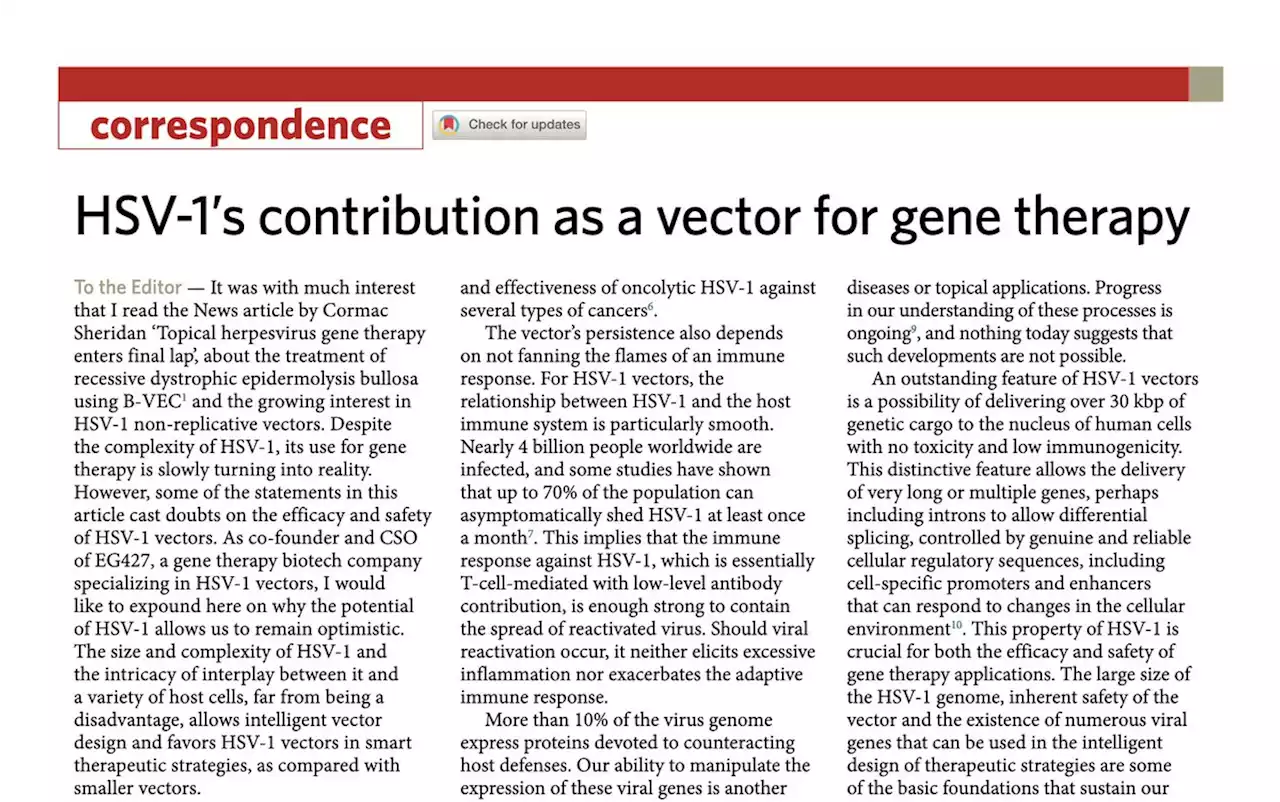 HSV-1’s contribution as a vector for gene therapy - Nature Biotechnology