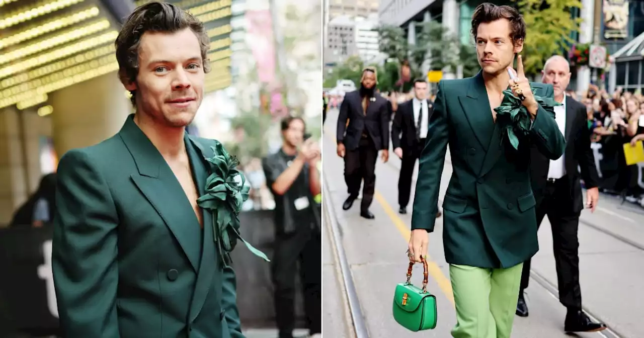 Harry Styles Pairs His Green Suit With a Floral Brooch and Matching Handbag