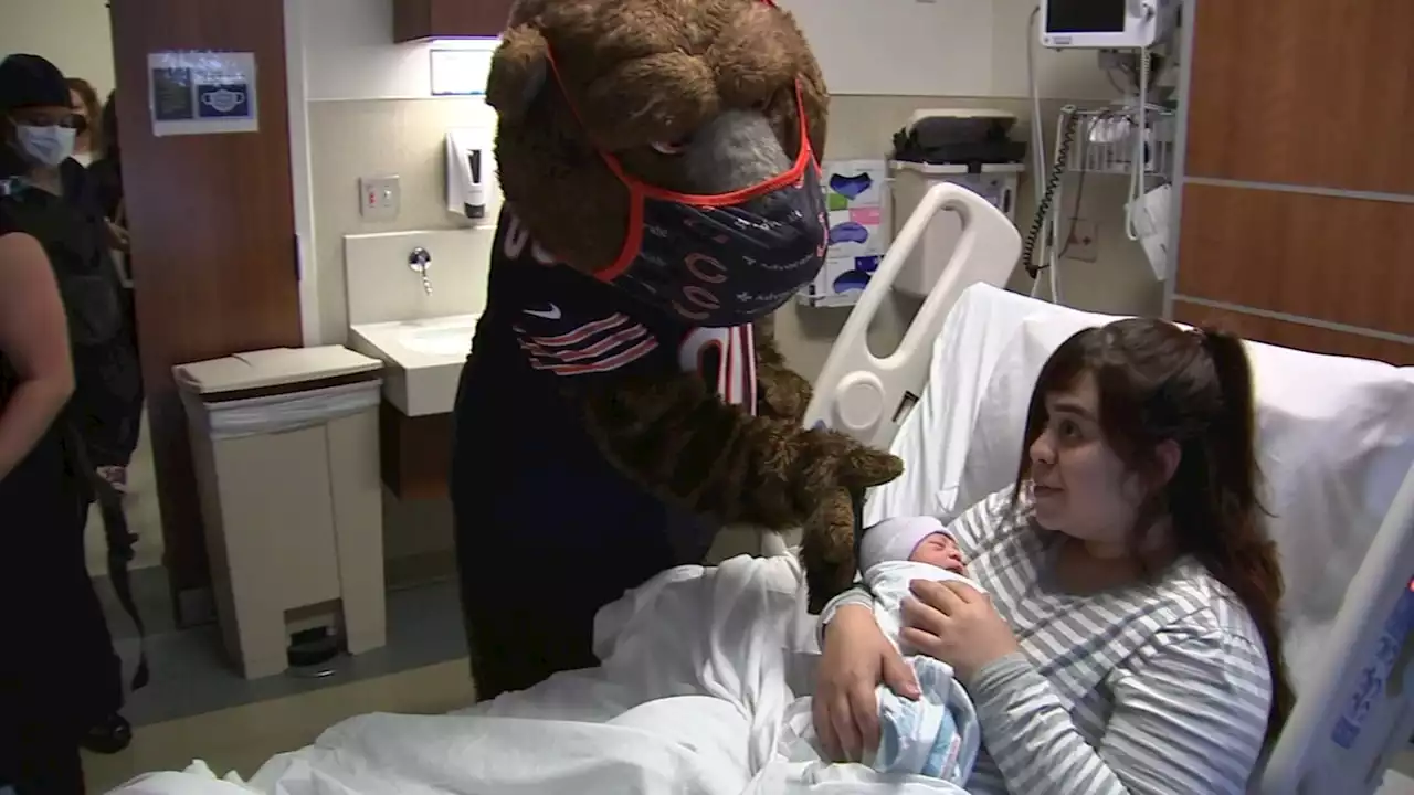 Chicago Bears player Patrick Scales, mascot Staley Da Bear visit newborn babies at Oak Lawn hospital