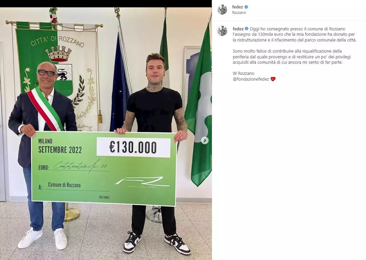 Fedez dona 130mila euro a Rozzano