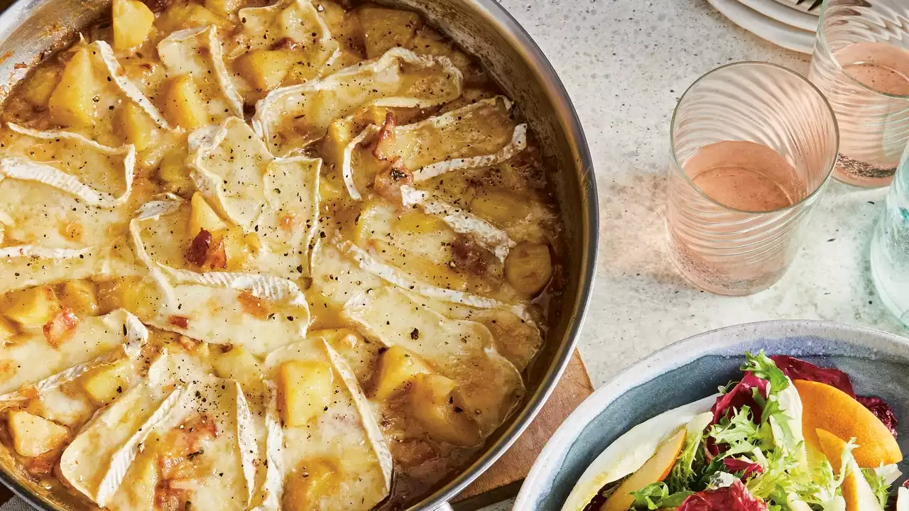 One-Pan Tartiflette With Bitter Lettuces and Pear Salad