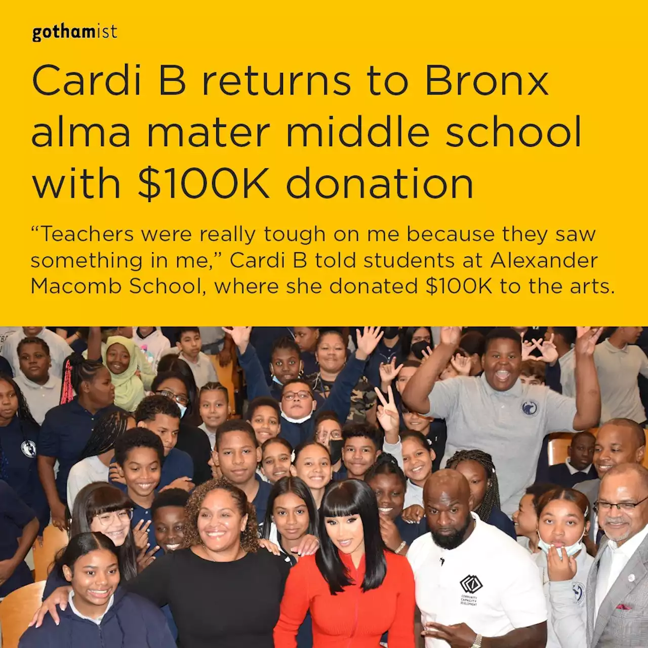 Cardi B returns to Bronx alma mater middle school with $100K donation