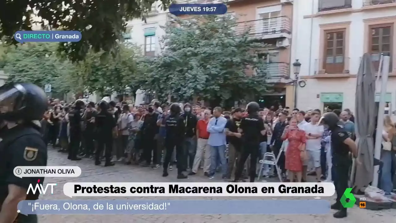 Protestas, enfrentamientos y tensión en la Universidad de Granada por la charla de Macarena Olona