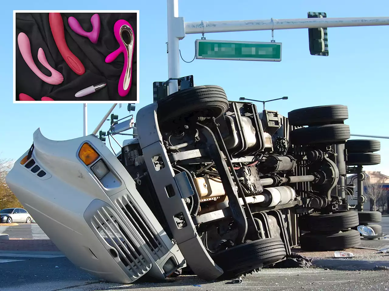 Avalanche of sex toys spill out onto highway after truck flips over