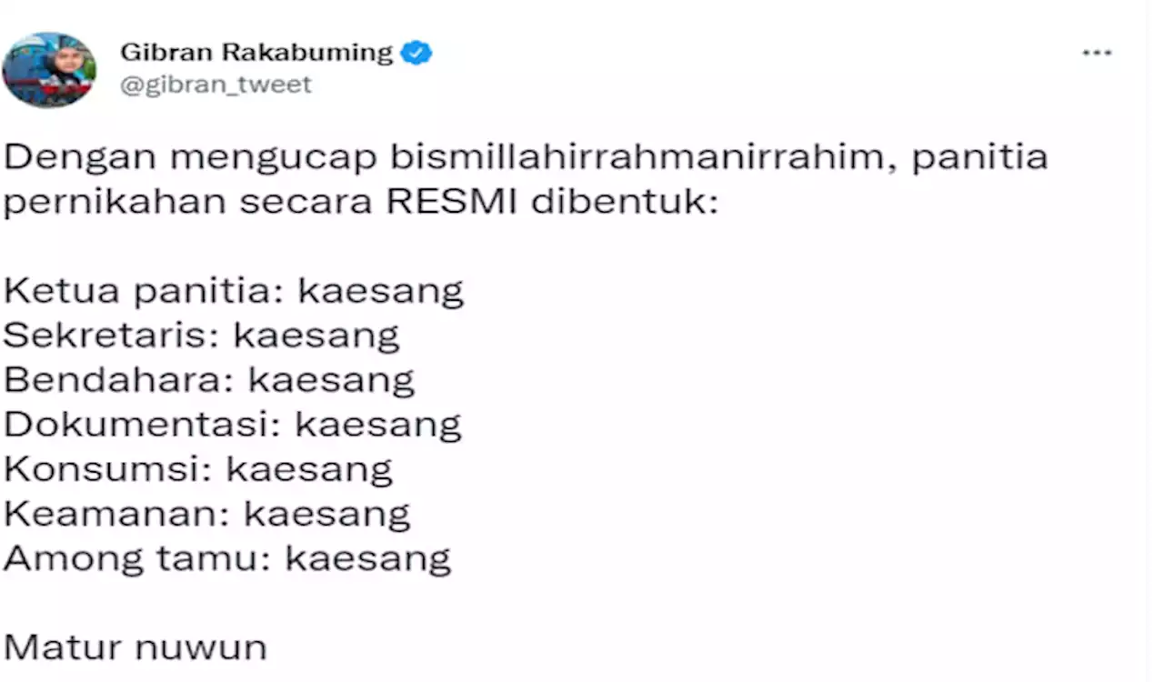 Kelakar Gibran Umumkan Susunan Panitia Pernikahan Kaesang