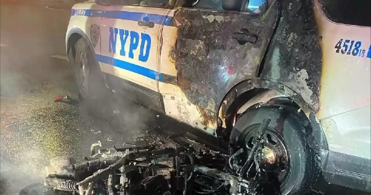 Video shows moped bursting into flames after crashing into side of NYPD cruiser in Queens