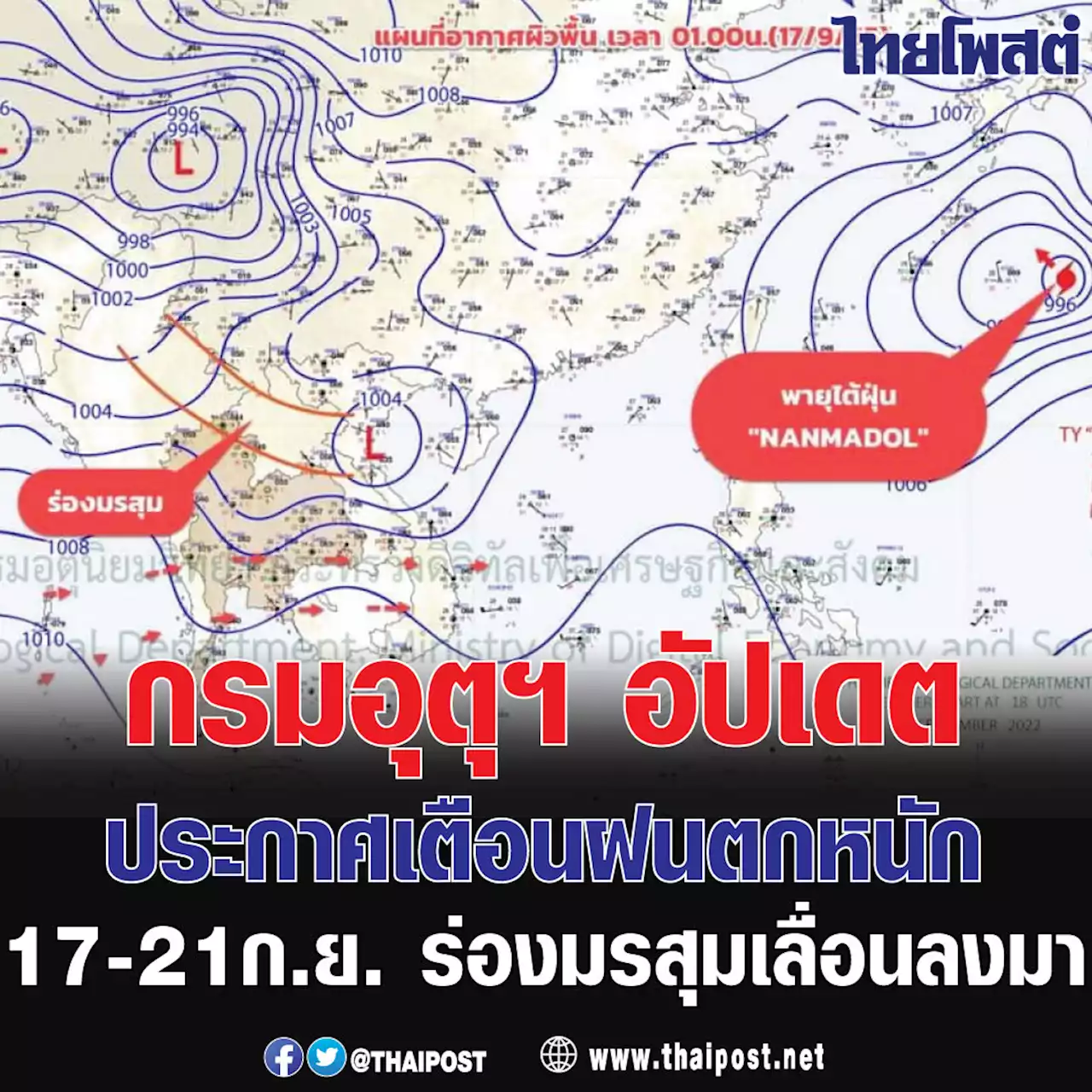 กรมอุตุฯ อัปเดตประกาศเตือนฝนตกหนัก 17-21 ก.ย. ร่องมรสุมเลื่อนลงมา