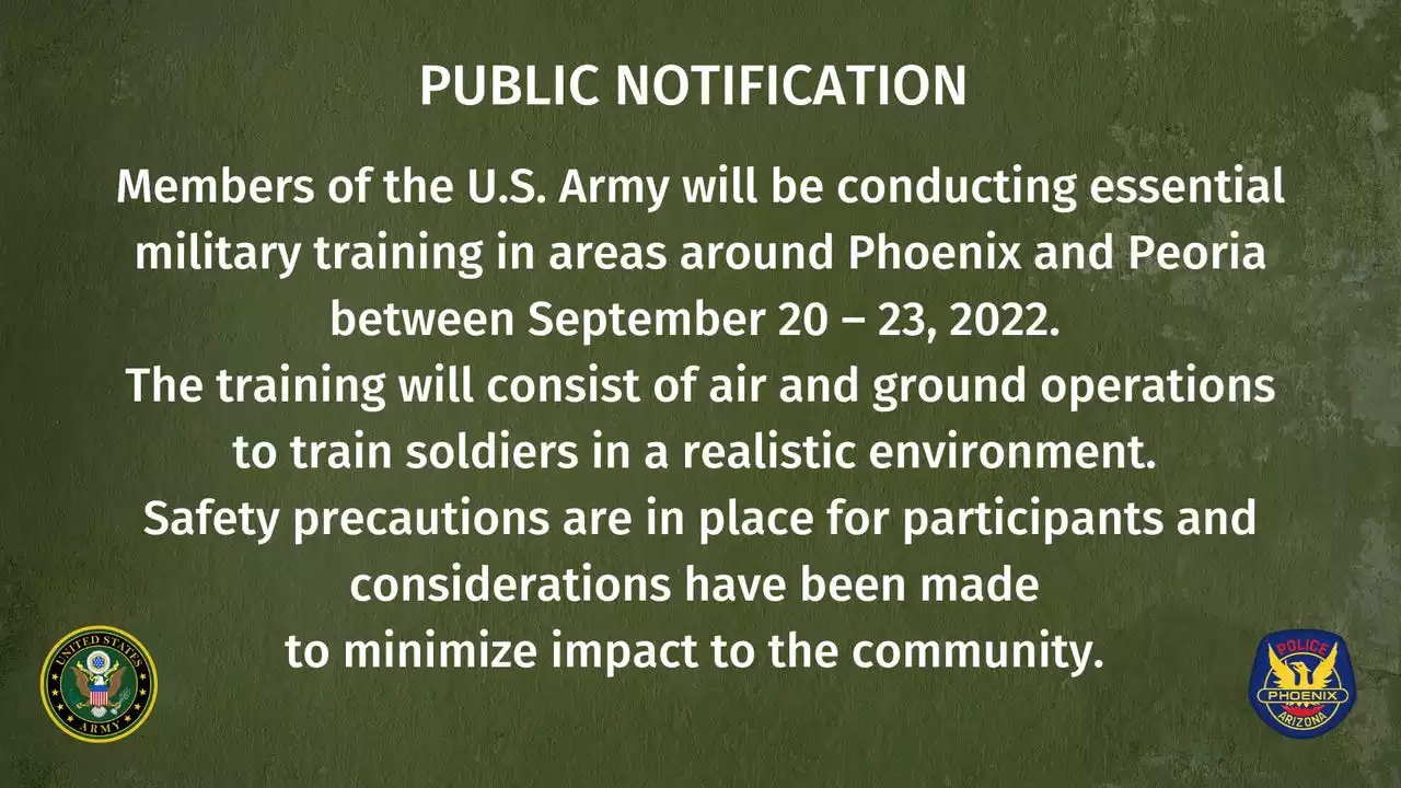 U.S. Army to conduct military training exercises in Phoenix and Peoria