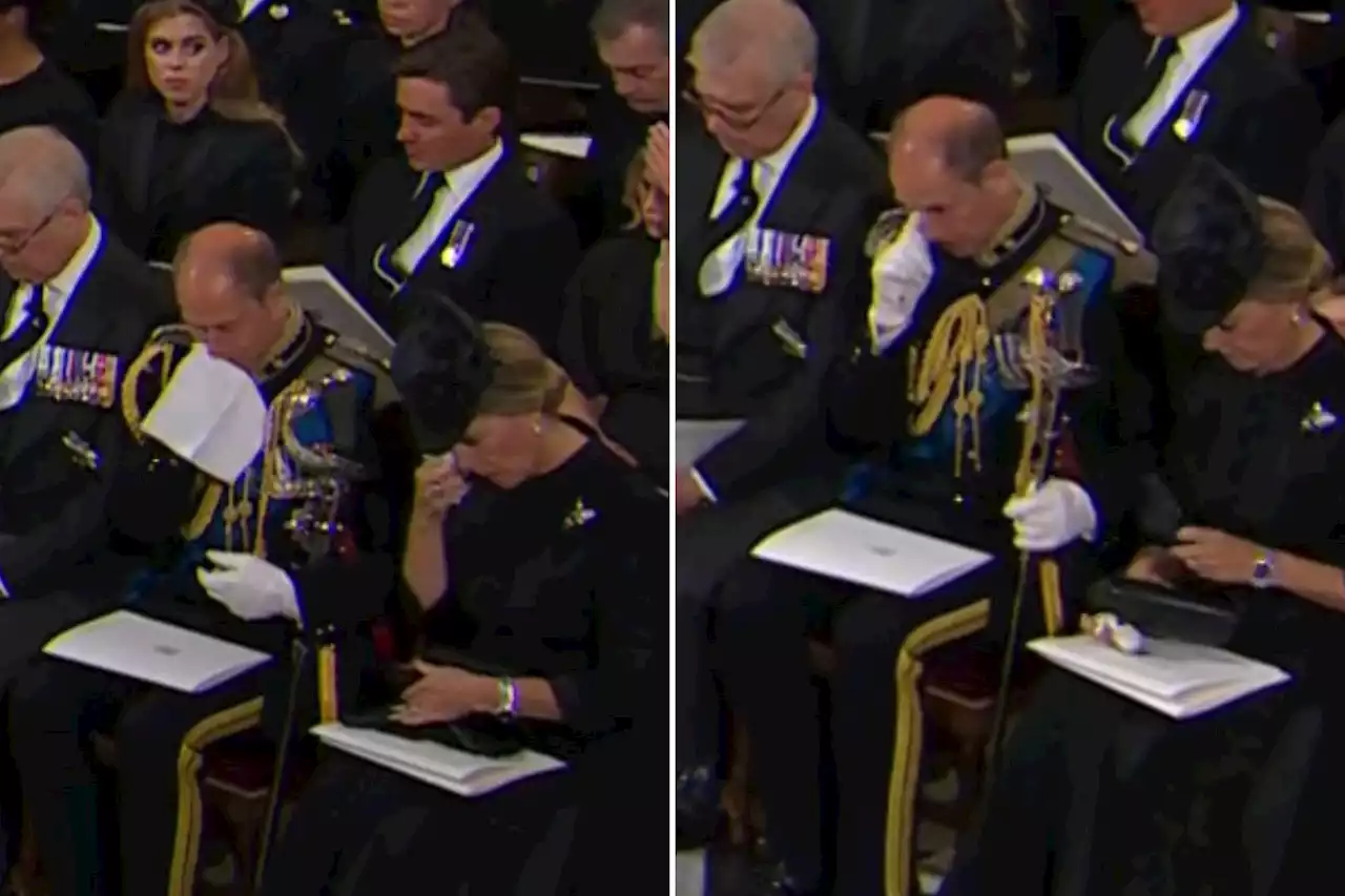 Edward and Sophie wipe away tears during Queen’s funeral in Westminster Abbey