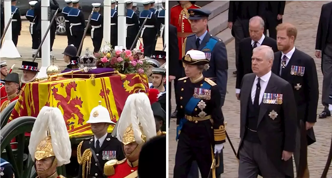 Harry and William pictured solemnly walking behind Queen's coffin in echo of Diana's funeral