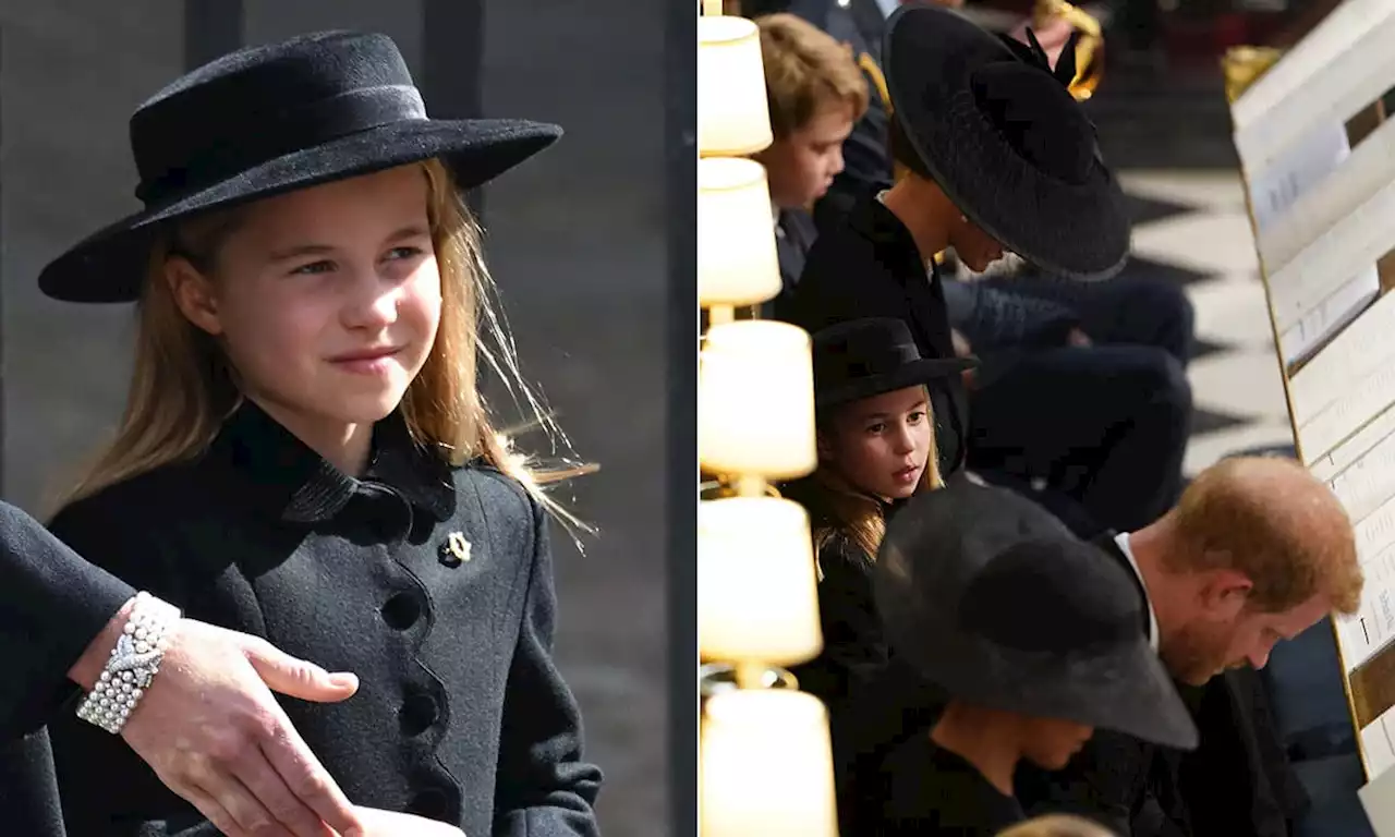 The heartwarming moment Princess Charlotte smiles at Prince Harry at Queen's funeral - watch