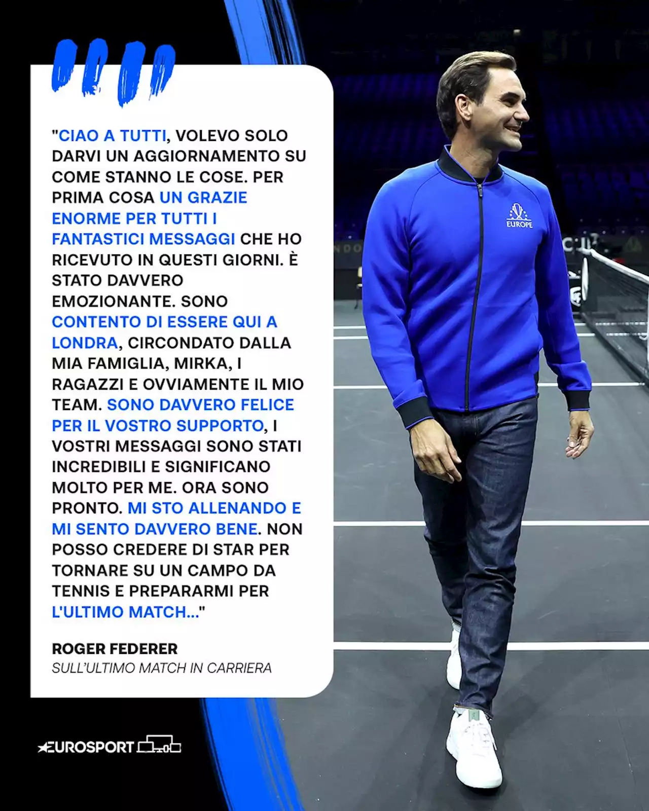 Laver Cup - Federer: 'Grazie per il supporto, sono pronto per il mio ultimo match'