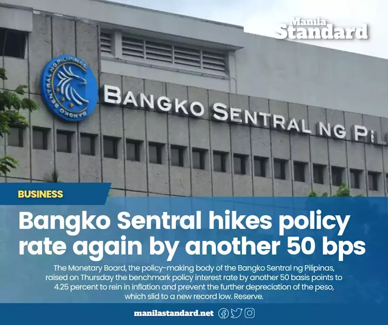 Bangko Sentral Hikes Policy Rate Again By Another 50 Bps