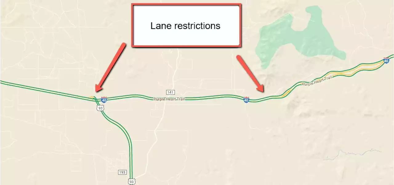 Westbound Interstate 40 narrowed to one lane east of Kingman Sept. 26-27