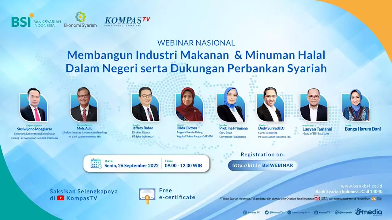 Welcome! You are invited to join a webinar: Membangun Industri Makanan & Minuman Halal Dalam Negeri serta Dukungan Perbankan Syariah. After registering, you will receive a confirmation email about joining the webinar.