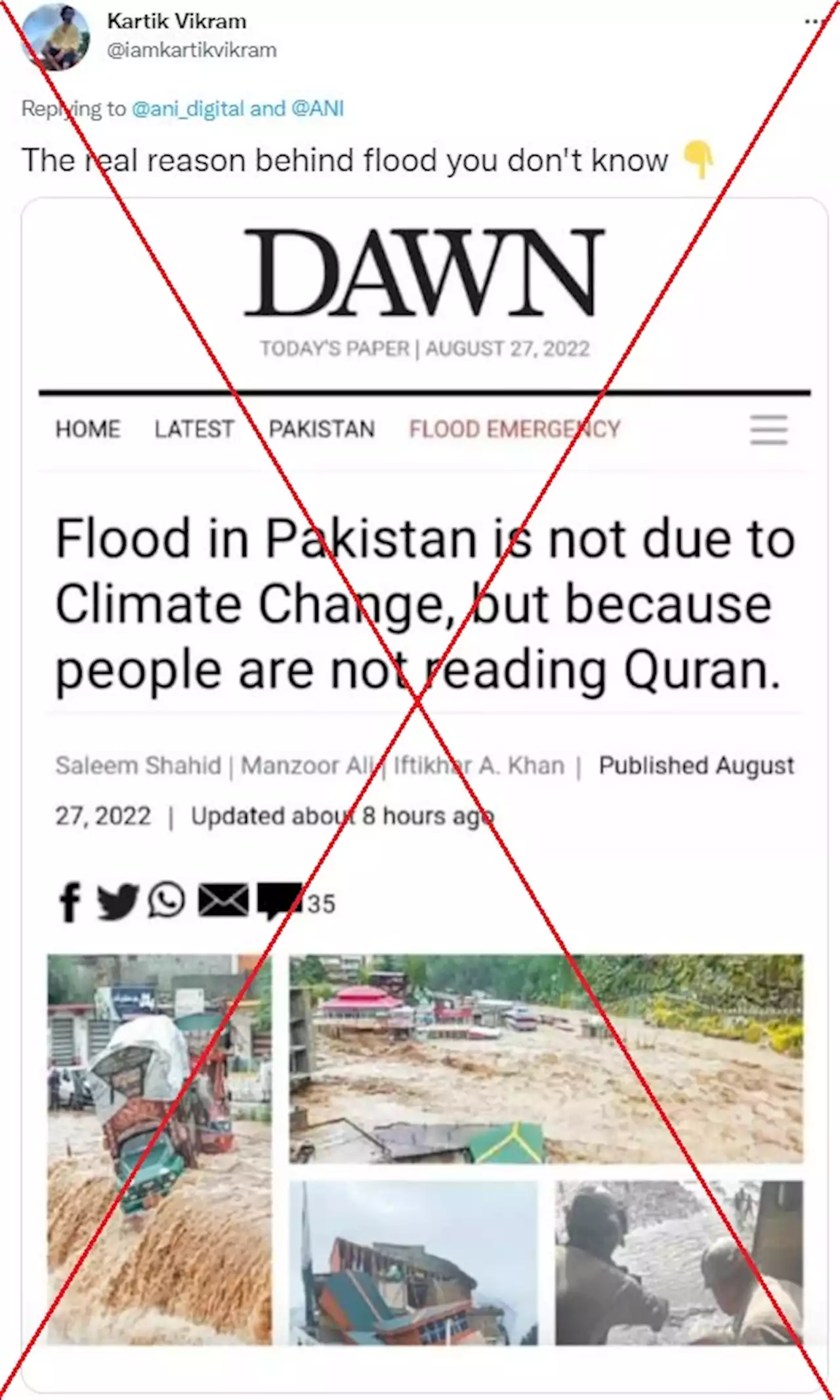 Pakistan newspaper headline doctored to suggest floods caused by 'not reading Koran'