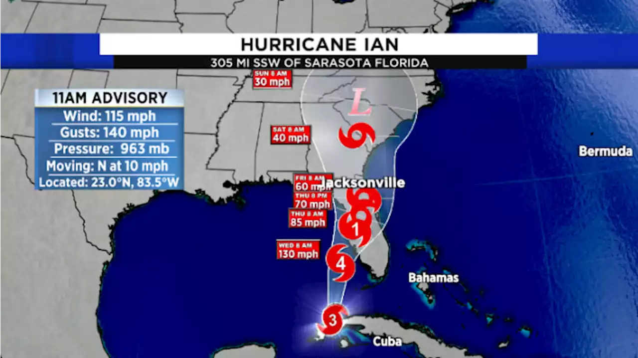 Storm Surge Warning issued for St. Johns River as Category 3 Hurricane Ian emerges into southeastern Gulf of Mexico