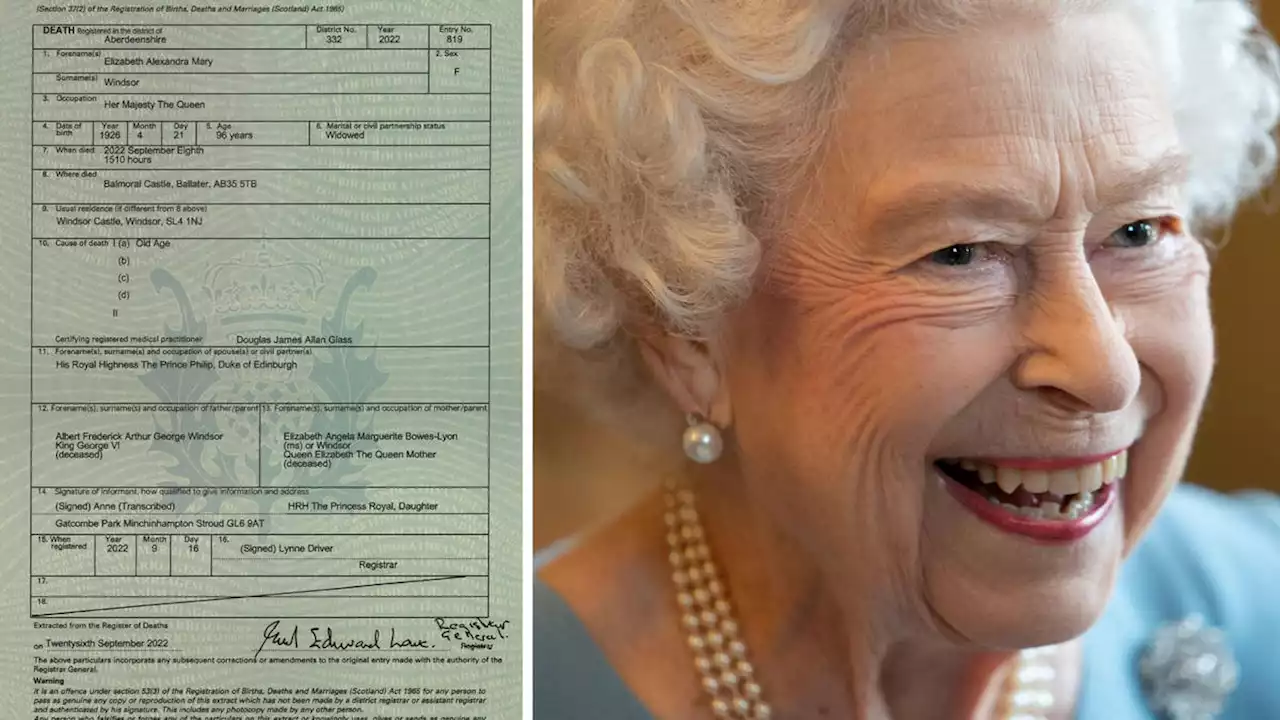 Newly-released certificate reveals Queen's cause of death and time monarch died