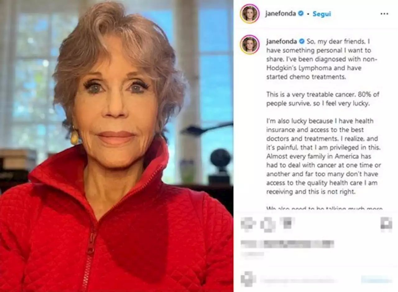 L'attrice Jane Fonda: 'Ho un cancro trattabile, sono privilegiata per aver accesso alle cure'