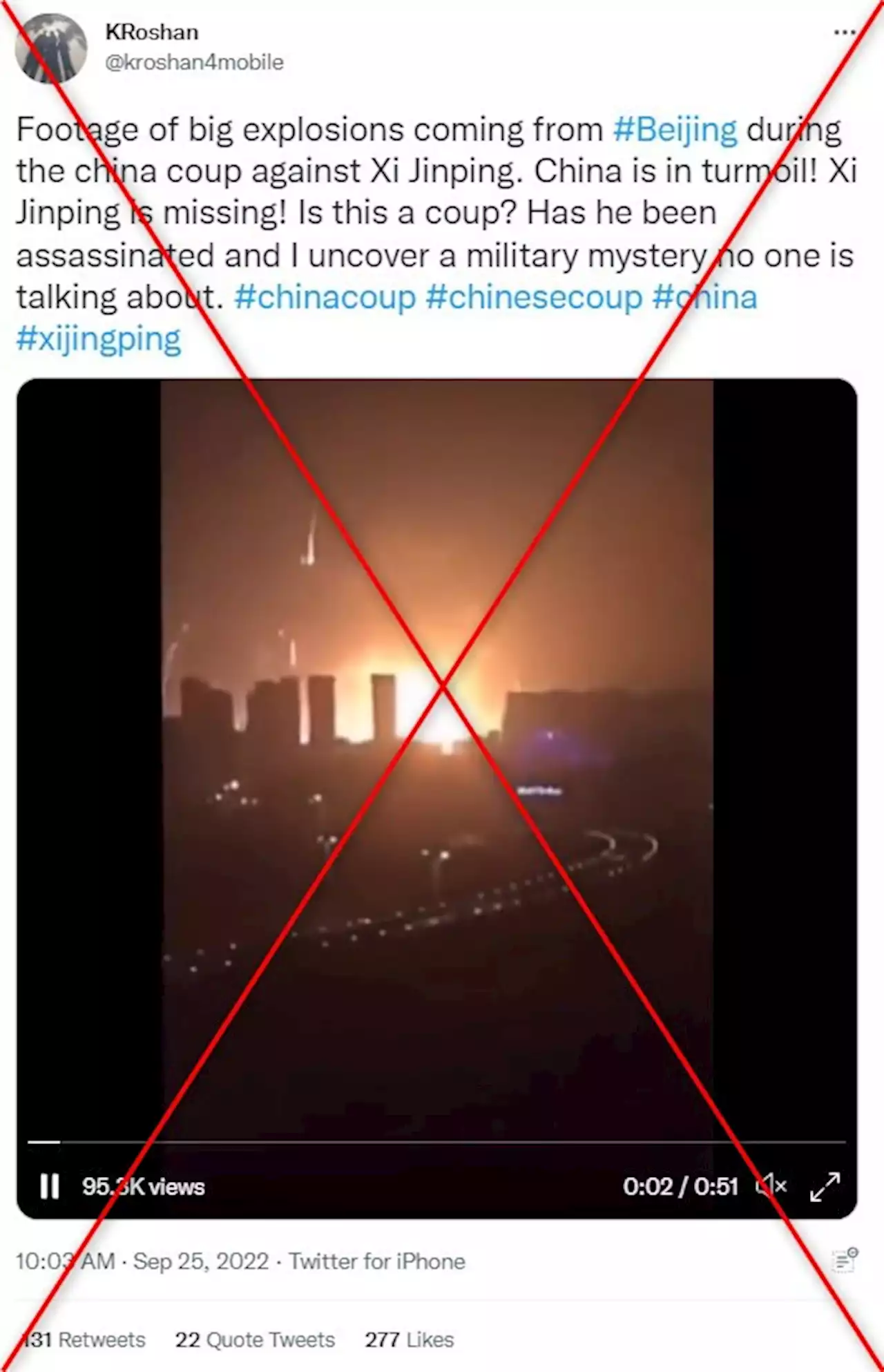 Video shows explosion in Tianjin in 2015, not during 'coup in Beijing' in 2022