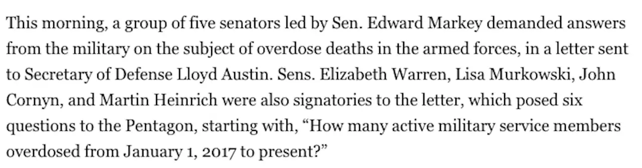 Senators Press Pentagon for Answers on Rash of Overdose Deaths