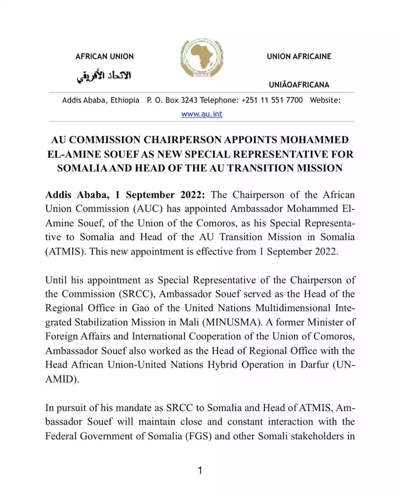 AU Commission Chairperson appoints Mohammed El-Amine Souef as new Special Representative to Somalia and Head of the AU Transition Mission | African Union