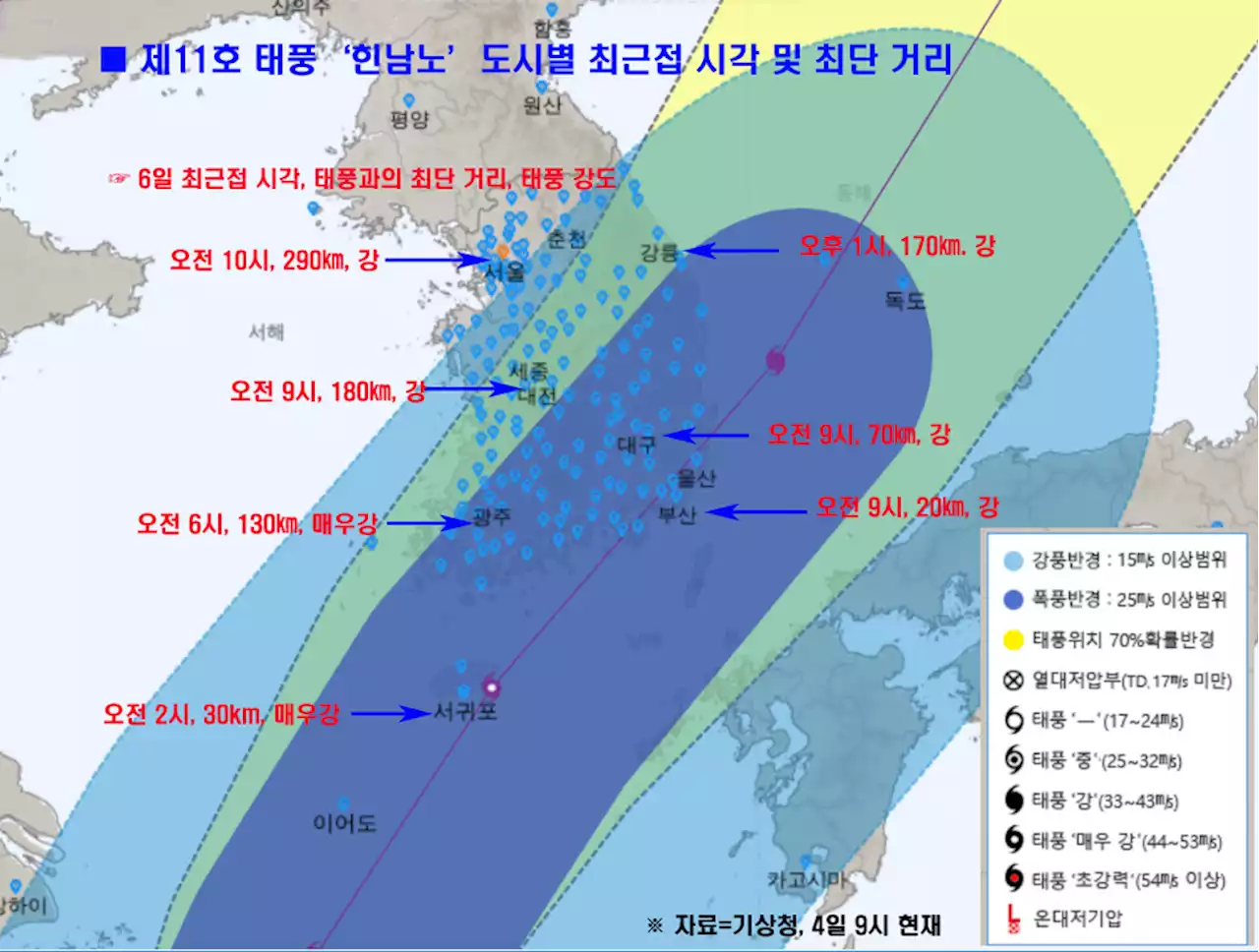 힌남노, 우리 동네 가장 가까이 올 때는 언제일까?