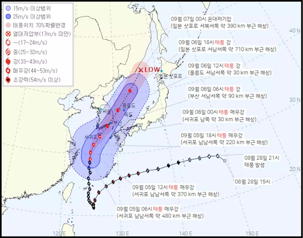 힌남노 점점 빠르게 한반도 접근, 내일 남해안 상륙 때 최대풍속 시속 155㎞