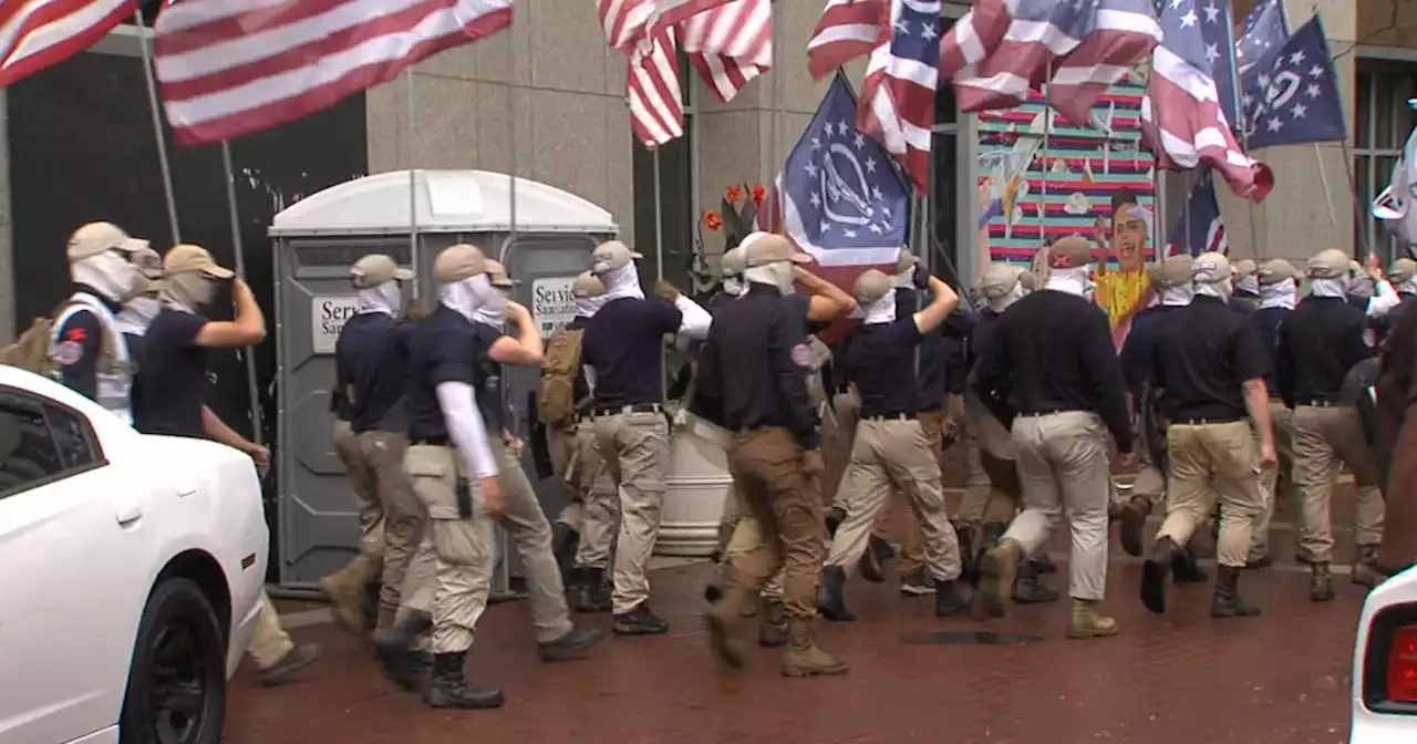 Patriot Front, a group considered to be white nationalists, seen marching through downtown Indianapolis