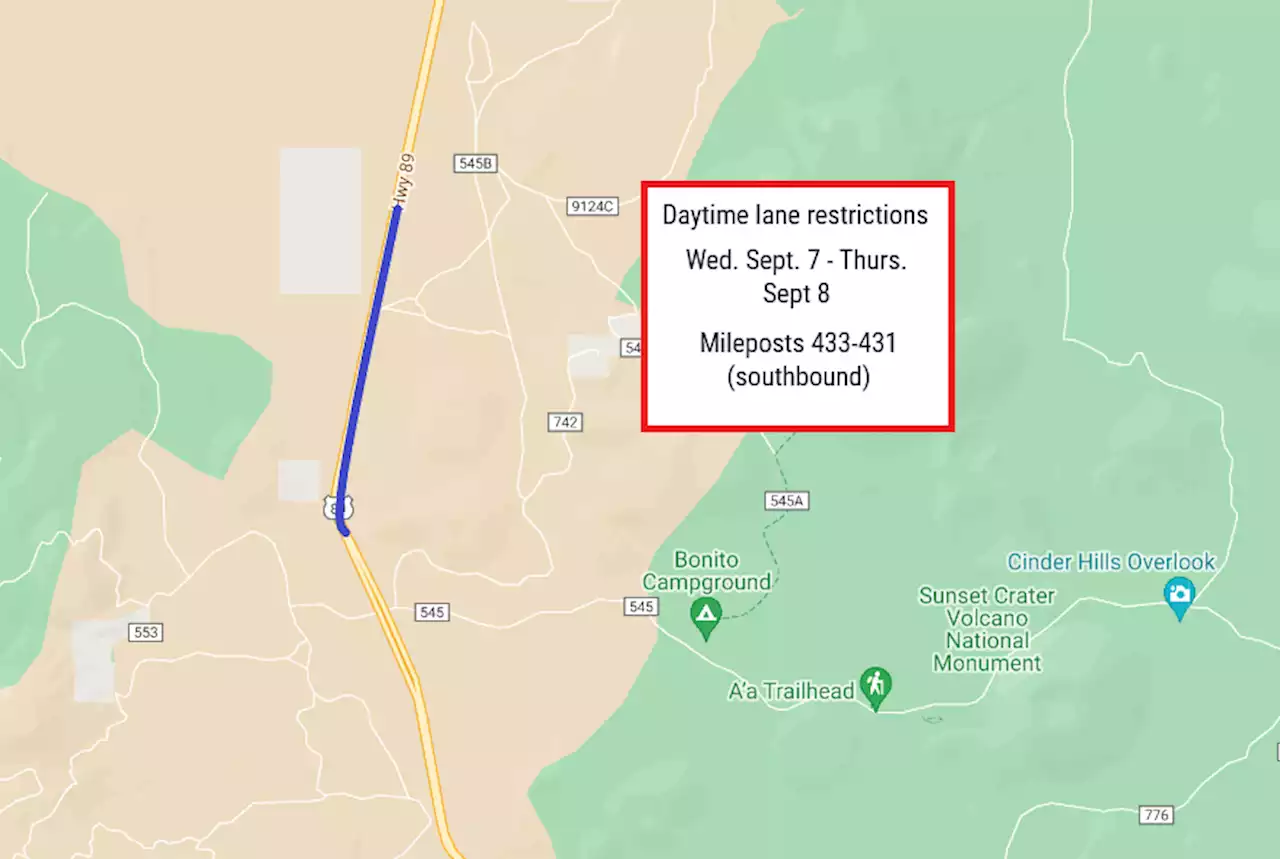 Plan for lane restrictions on US 89 north of Flagstaff Sept. 7-8