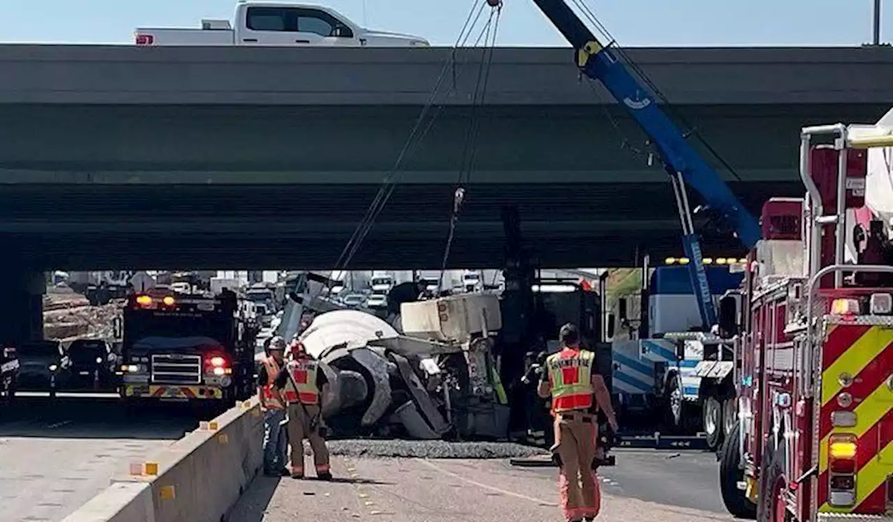 Overturned cement truck blocks traffic on Loop 12 in Irving