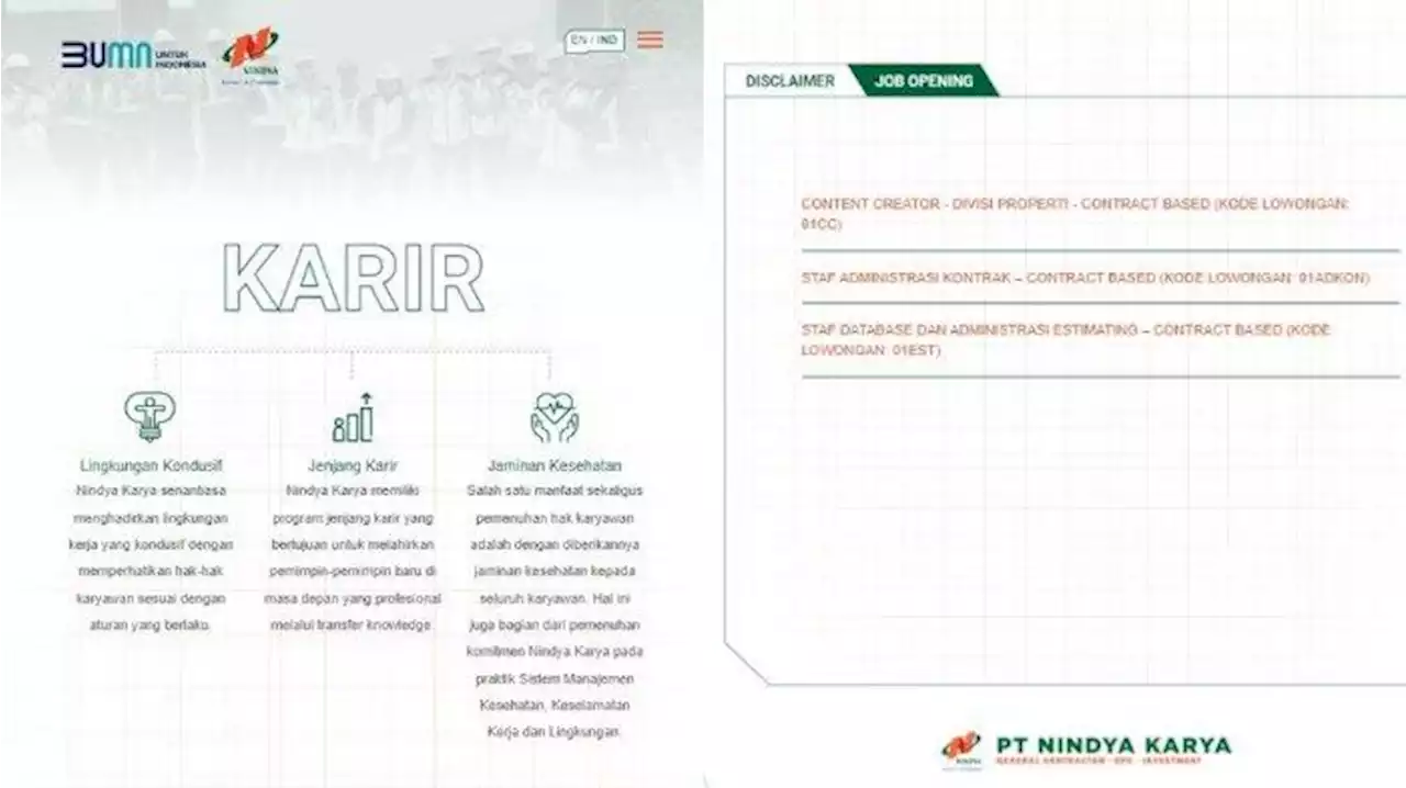 Lowongan Kerja BUMN PT Nindya Karya Buka 3 Posisi, Ini Syarat dan Kualifikasinya - Tribunnews.com