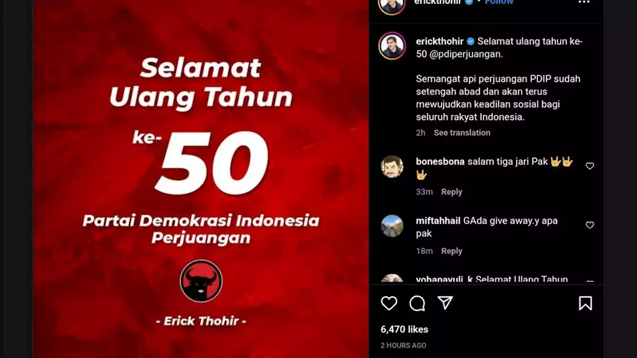 Erick Thohir Beri Ucapan HUT PDIP ke-50, Kode 2024?