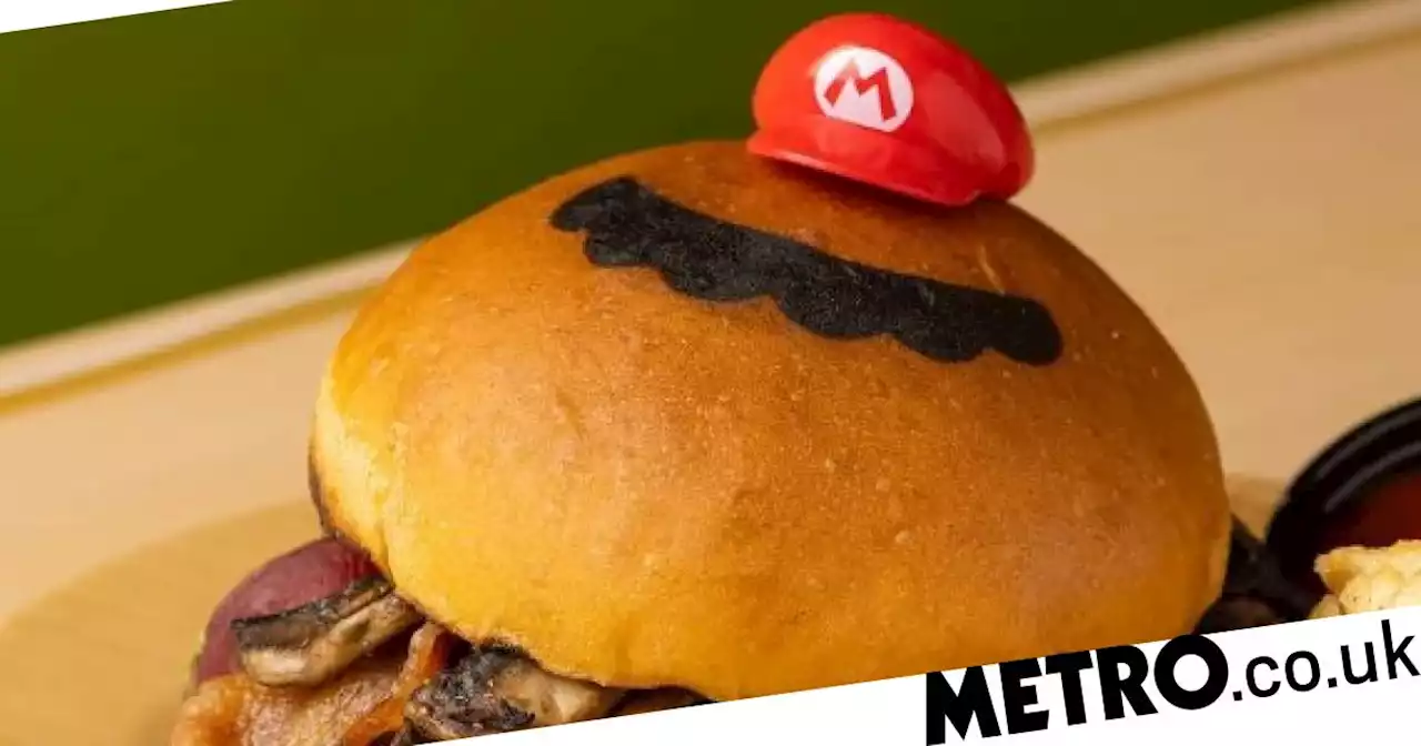 Super Nintendo World Hollywood Cafe has hamburgers with a Mario hat on