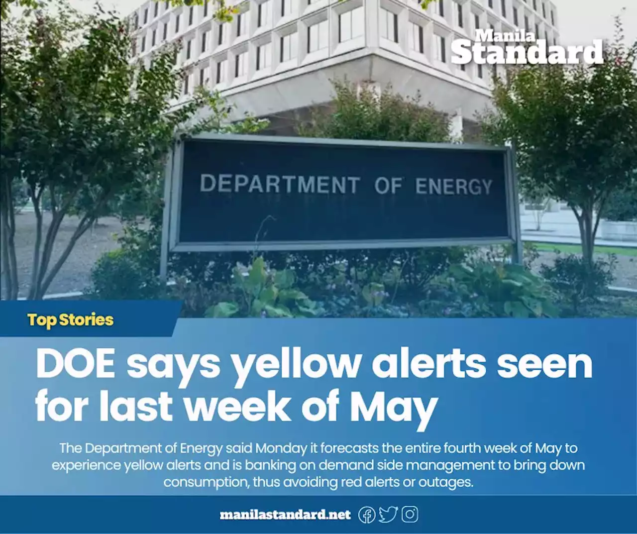 DOE says yellow alerts seen for last week of May