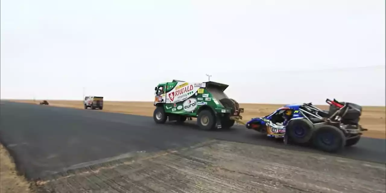 Dakar Team Rolls, Finishes Stage on Three Wheels, Gets Towed Back by Rally Truck