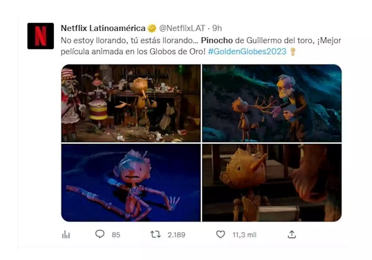 Netflix celebra que Guillermo del Toro gana Globo de Oro con 'Pinocho'