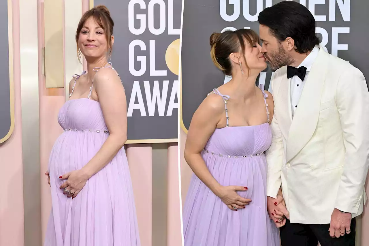 Kaley Cuoco cradles baby bump, kisses Tom Pelphrey at Golden Globes