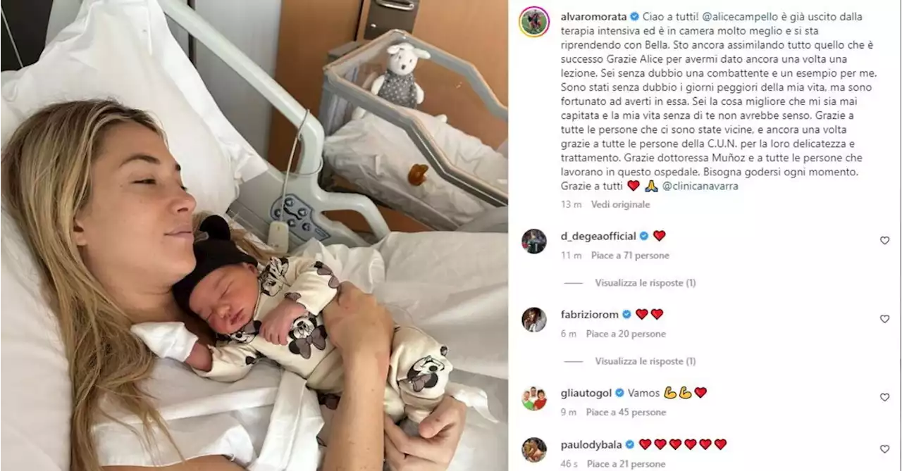 Morata rassicura: &quot;Alice &egrave; uscita dalla terapia intensiva, sta meglio&quot;