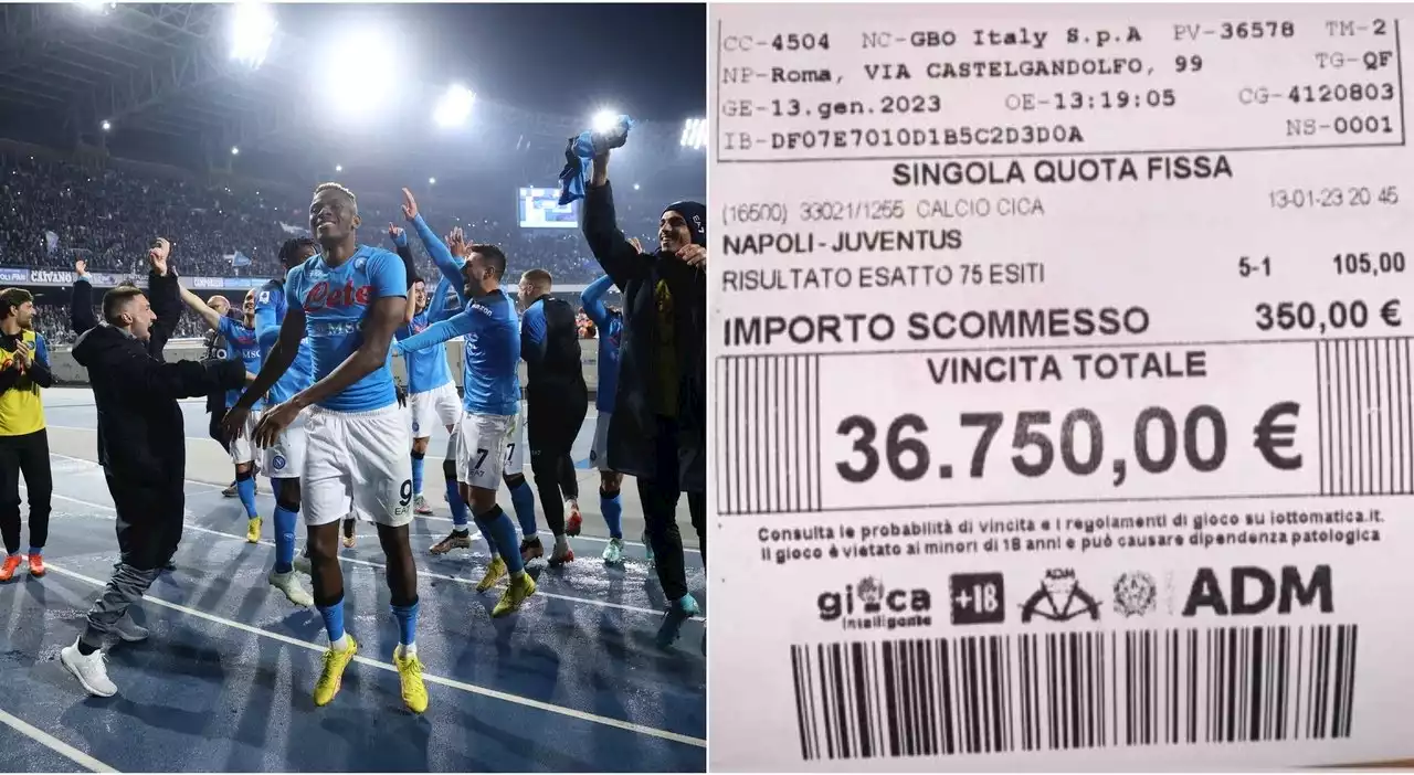 Napoli-Juventus, tifoso scommette in una schedina 350 euro sul 5-1 e ne vince 36.750