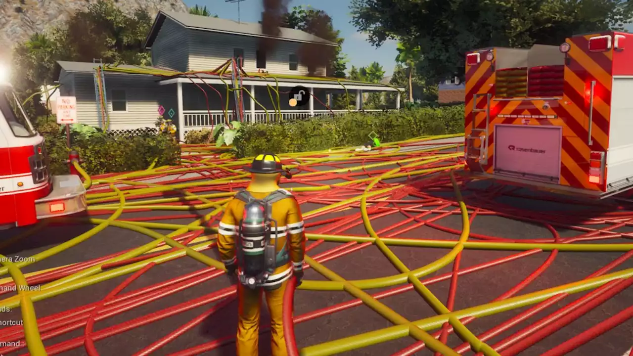 Firefighting Simulator has infinitely long hoses, so I filled a neighborhood with them