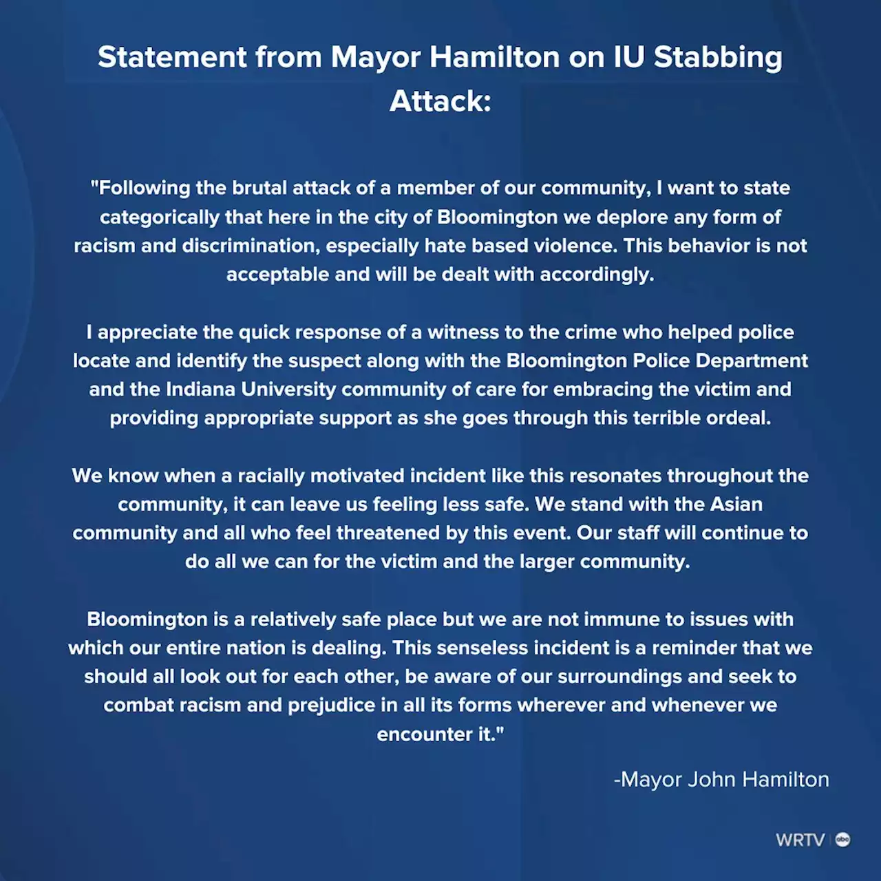 Mayor of Bloomington releases statement after IU student stabbed