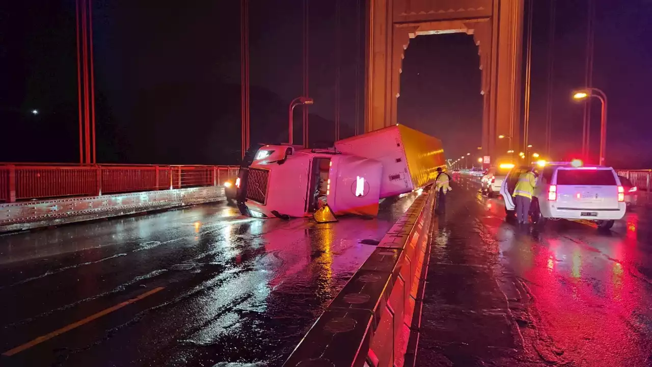 Lanes closed in both directions from overturned semi on Golden Gate Bridge