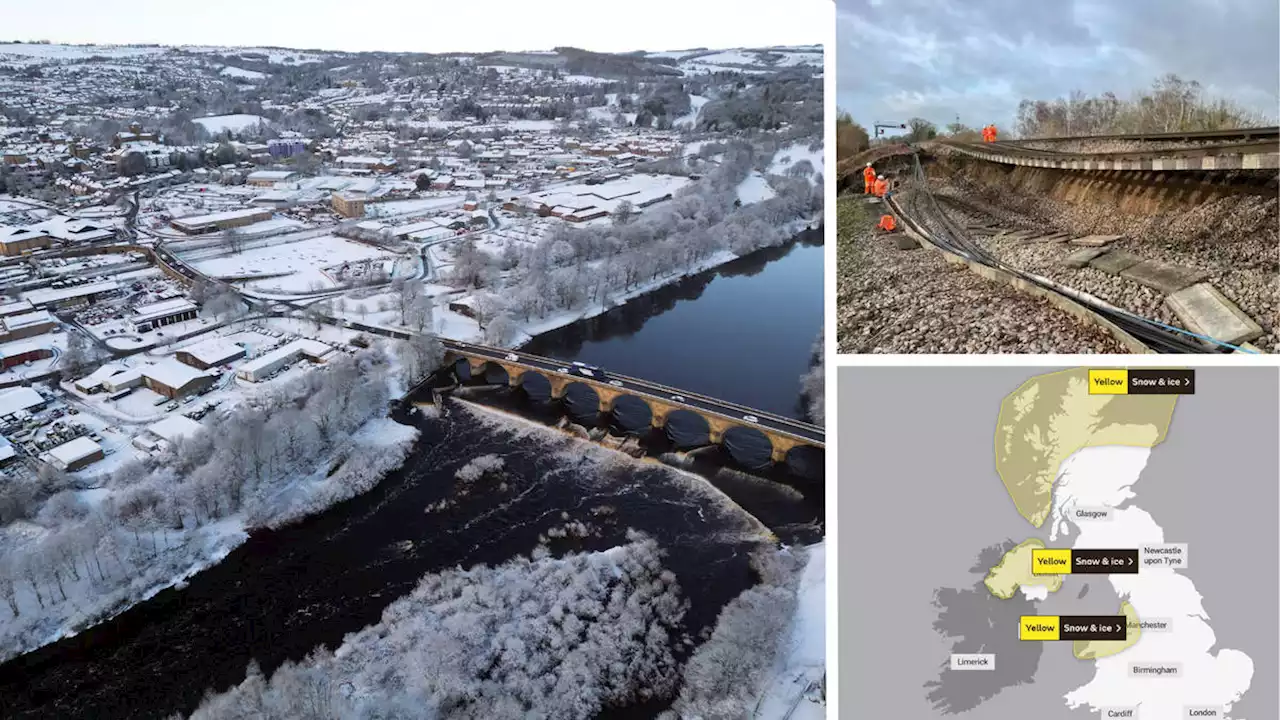 Arctic blast sweeps Britain as snow and rain bring chaos and trains disrupted by ‘liquified mud’ and huge landslip