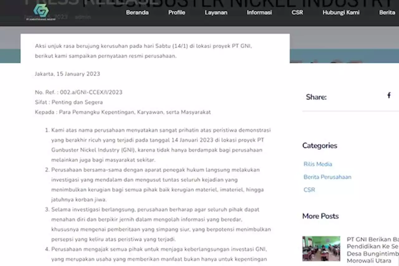 PT GNI Buka Suara Soal Bentrokan Antarpekerja, Ini Pernyataan Lengkapnya
