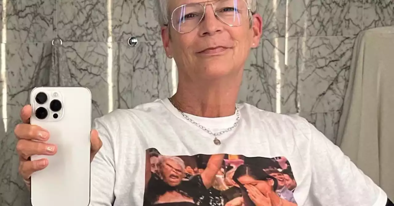 Jamie Lee Curtis proudly dons shirt with a meme of her enthusiastic support for co-star Michelle Yeoh