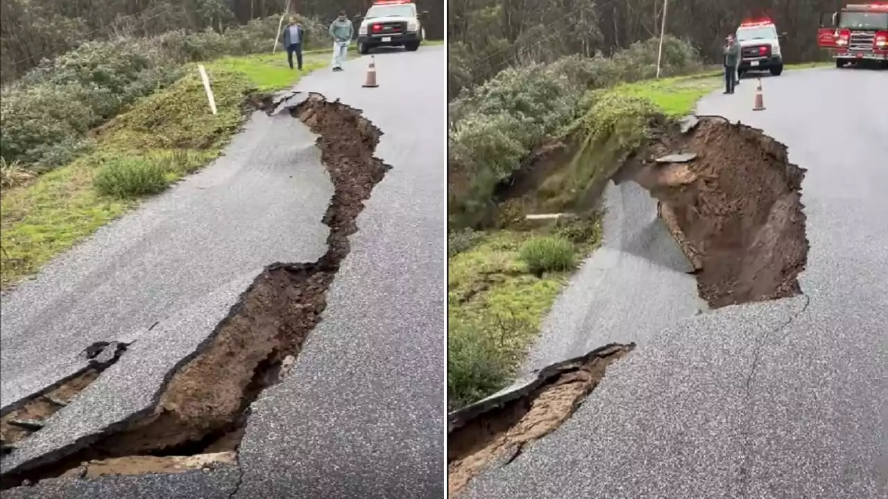 California storms: Video shows road collapsing down a hill in San Mateo County