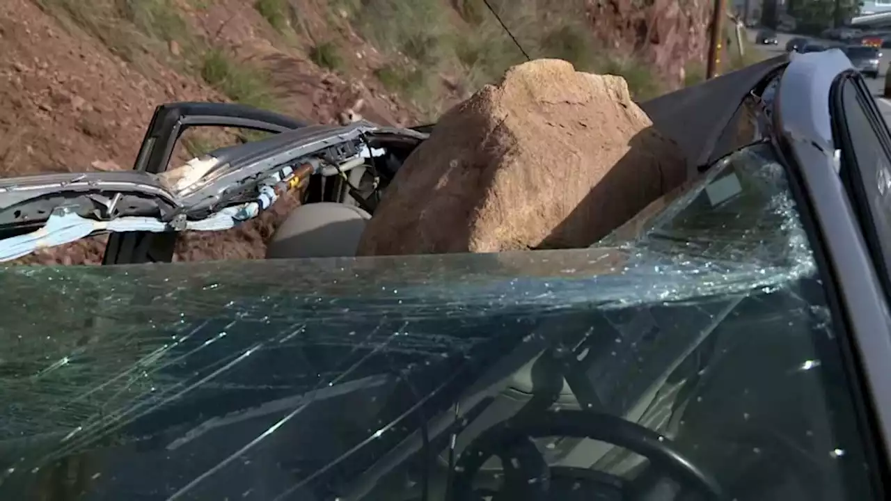 4-foot boulder crushed his Prius in Malibu, but driver is a very lucky man