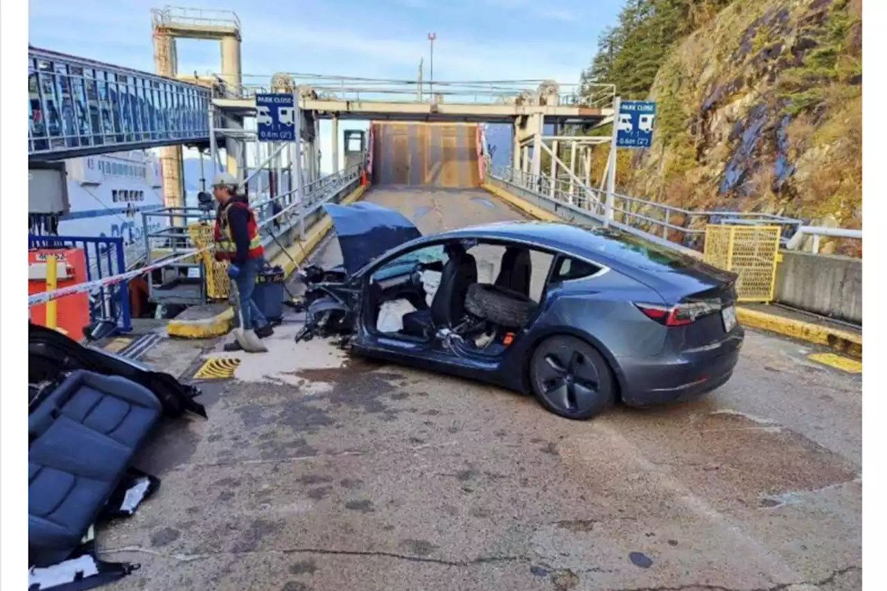 Tesla 'suddenly accelerates' into B.C. Ferries ramp, breaks in two